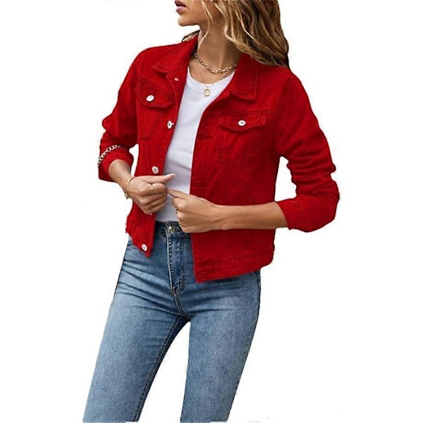 Dame Denimjakke Casual Lang Erme Krage Solid Farge Knapp Lomme Slank Passform Denimjakke Vår Høstjakke med Lommer - WELLNGS red XL