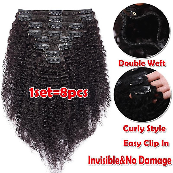 8 stk Afro Curly Clip In Menneskehår Extensions Brasiliansk Hår-WELLNGS blackbrown 14inch