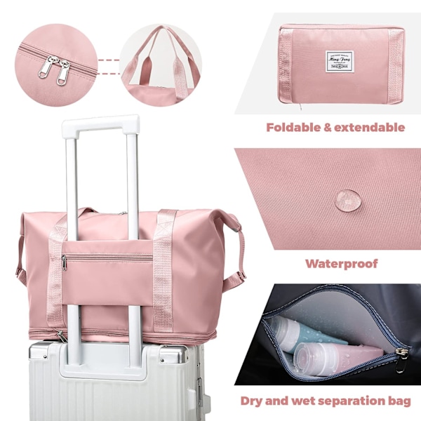 Hopfällbar resväska, stor hopfällbar sportväska, lätt vattentät väska handbagage (rosa) - WELLNGS Pink