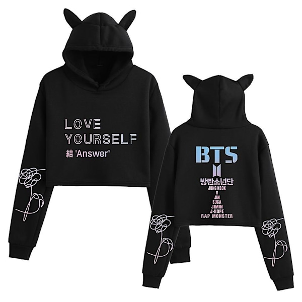 Bts koreansk gruppe perifer casual navel-baring katteører pige trykt sweatshirt-WELLNGS Black F S