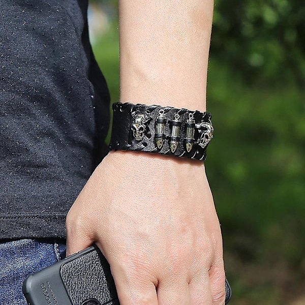 Boskapsläderarmband unikt hipster motorcykel prydnad dödskalle läderarmband-WELLNGS Brown