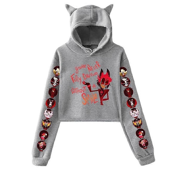 Korte Hættetrøjer Kvinder Hazbin Hotel Dame Sweatshirt Træningsdragt Lange Ærmer Kvinders Cropped Top Mode Koreansk Tøj Harajuku-WELLNGS grey M