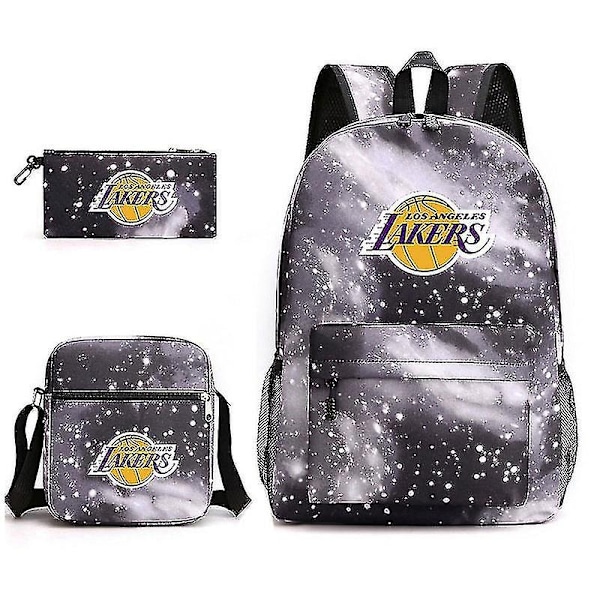 Kolmiosainen koululaukku Lakers -painatus Kynäpussi Olkalaukku Laadukas korkea laatu-WELLNGS Starry black Single shoulder bag