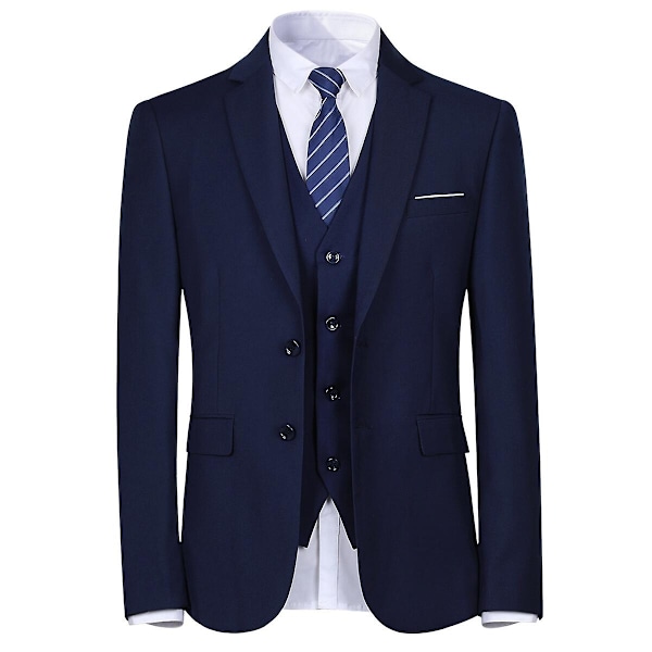 Allthemen Herresæt til Bryllup Fest Middag 3-delt Business Sæt Blazer Vest Bukser 9 Farver-WELLNGS Navy Blue XS