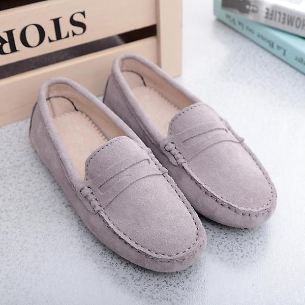 Damskor 2023 Äkta Läder Dam Platta Skor Casual Loafers Slip On Damskor Moccasins Lady Körsko-WELLNGS Light Grey 7