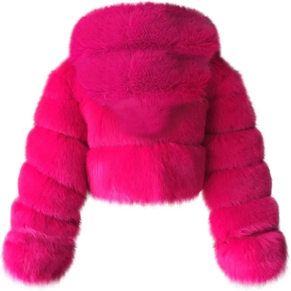 Faux pelsjakke for kvinner med hette, kortere boblejakker i fleece, varme jakker i plussstørrelse for vinteren - WELLNGS Hot Pink X-Large