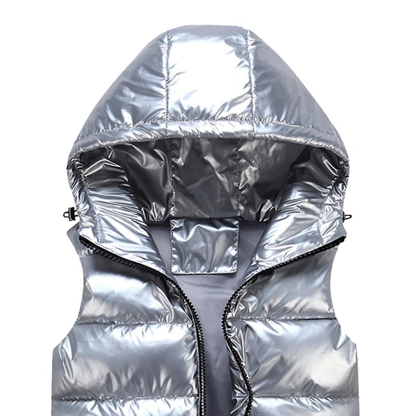 Sliktaa Unisex Blank Glansig Vattentät Ärmlös Jacka Lättvikts Puffer Väst-WELLNGS Silver M