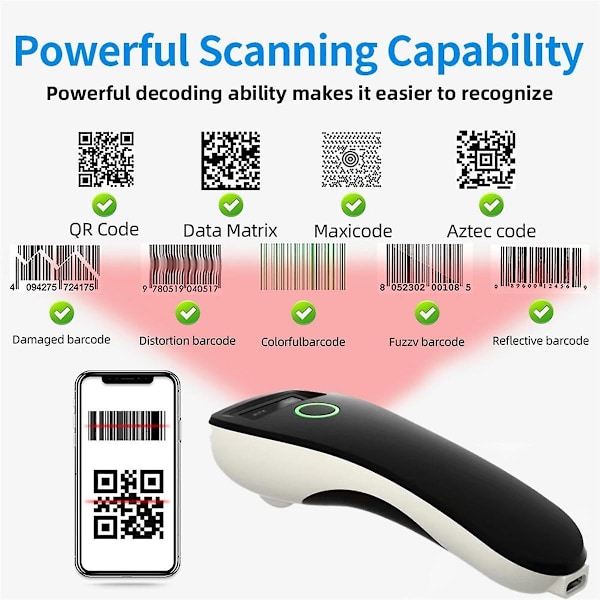 Strekkodeskanner HBA-W6 Trådløs 1D/2D CMOS-skanner USB Bluetooth Mini Lomme QR-leser for IOS Android Windows(Hvit)-WELLNGS