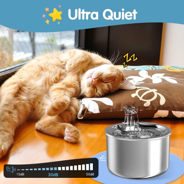 Cat Water Fountain Rostfritt stål 2L Dricksfontän för husdjur med justerbart vattenflöde Anti-Dry Scaling Dispenser för katter och hundar-WELLNGS