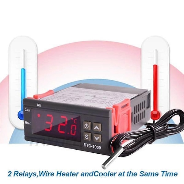 STC-1000 Digital LED Temperaturregulator Värme Kylning Centigrad Termostat 2 Reläer Utgång med NTC Sensor Probe 12v 220V-WELLNGS 12V