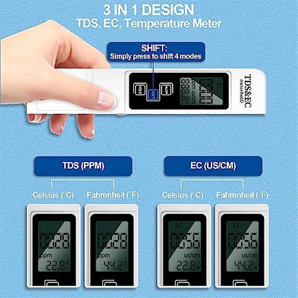 3-i-1 TDS-måler Digital vandtester (TDS, temperatur og EC-måler), 0-999Ppm PPM-måler til hydroponics, drikkevand-WELLNGS