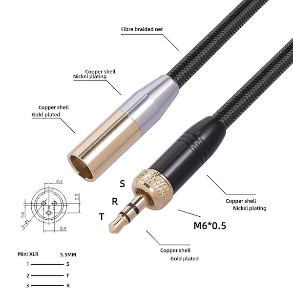 Audio Mic-kabel intern gjenge 3,5 mm hann til MINI XLR 3PIN adapterkabel for SLR-kamera lydkabel-WELLNGS