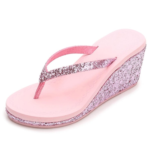 Kilekile Wedges Platform Flip Flops med åpen tå, høyhælte flipflops med sklisikker, myk rhinestones glitter Gem-WELLNGS Dark pink US 8.5