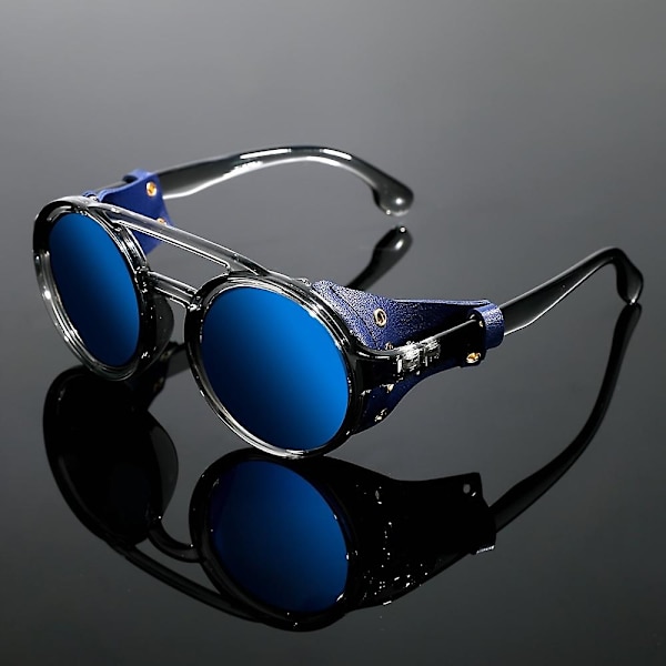 Retro Premium Cool Steampunk Runde Solbriller med PU Læder Skjolde & Dobbelte Broer, til Mænd Kvinder Udendørs Fest Ferie Rejse Kørsel - WELLNGS Black