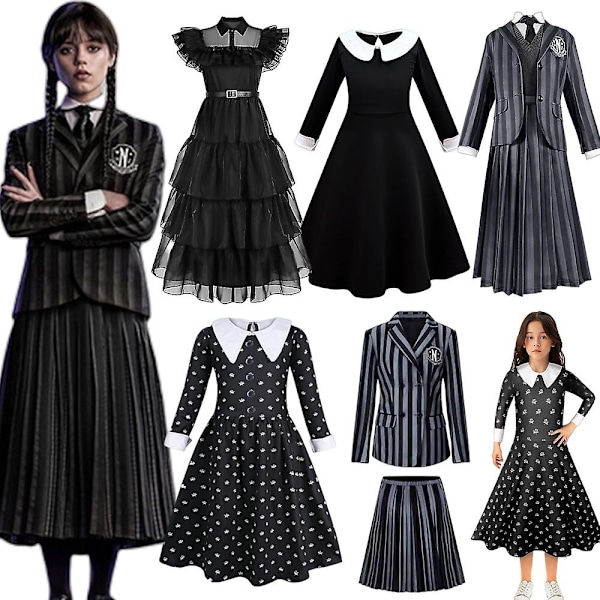 Wednesday Addams Serie Cosplay Fest Kostume Sæt Kjole/ Outfit Fancy Dress Up Gaver til 3-10 År Børn Piger/ Kvinder-WELLNGS G 8-9 Years