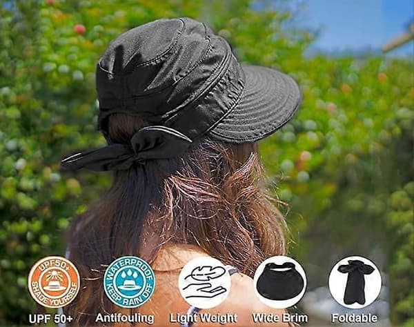 Damehat UPF 50+ UV Solbeskyttelse Konvertibel Strand Solhat - WELLNGS Black