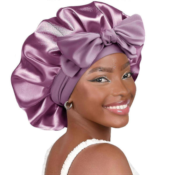SQCLV Satin Bonnet Siden Bonnet för Sovning Dubbellager Satinfodrad Hårmössa med Band för Kvinnor Naturligt Lockigt Hår - WELLNGS Purple