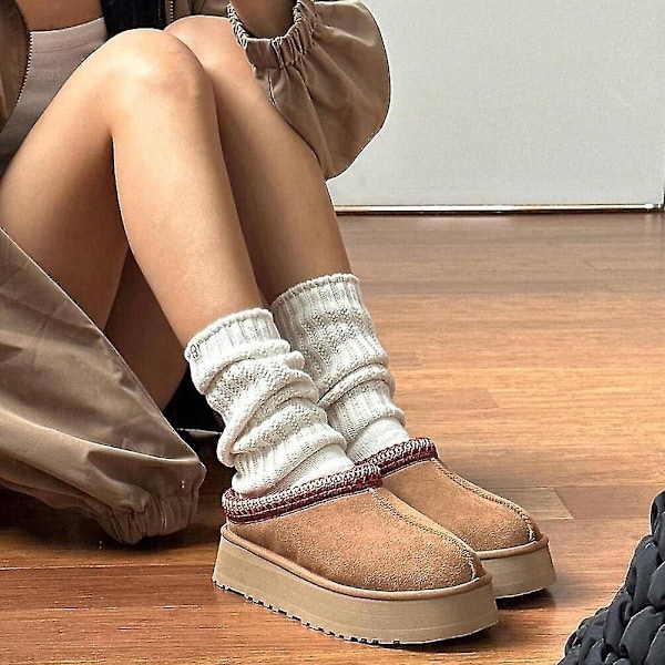 Dames Platform Mini Støvle-Tøfler, Dames Indendørs Tøfler, Slip-On Pelsklædte Shearling-Foret Suede Ankelstøvler - WELLNGS Brown EUR39