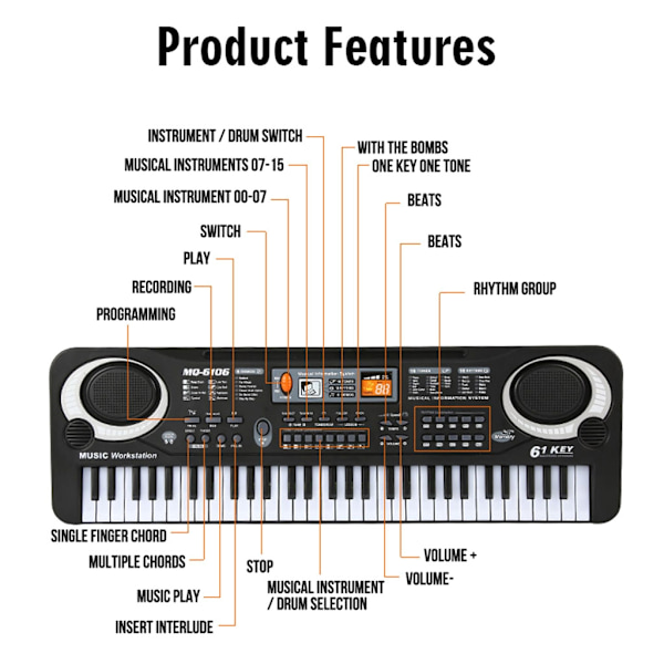 61 Tangenter Elektronisk Orgel Digital Klaver Keyboard med Mikrofon Børns Musik Legetøj til Børn-WELLNGS