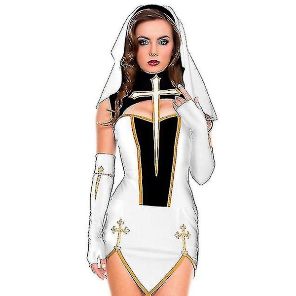Mike Mike Naisten Seksi Nunna Cosplay-asu Karnevaali Halloween Fantasia Puku - WELLNGS White-3pcs S