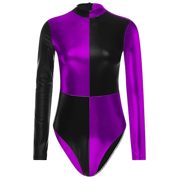 Womens Shiny Metallicballet Dance Leotard Adults Gymnastics Bodysuit Long Sleeve Patchwork Acrobatics Figure Skating Jumpsuit-WELLNGS BlackPurple B XL