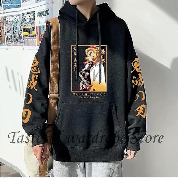 Sjov populær anime Demon Slayer hættetrøje til mænd og kvinder Kyoto Purgatory sweatshirt vinter gadetøj oversized løs afslappet pullover Black-WELLNGS S