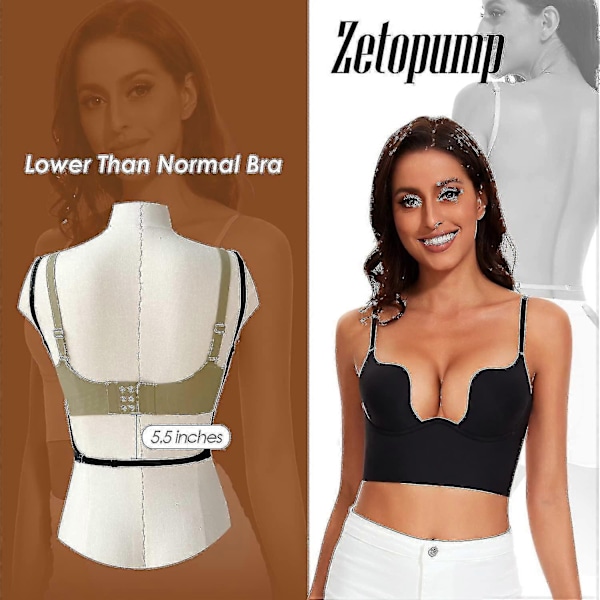 Dame Bh'er med Lav Ryg - Sømløs Dyb U-Formet Halter Bh'er Konvertible Multi-Vejs Lav Udsnit Halter Bh'er Camisole Bh'er - WELLNGS Black 32C