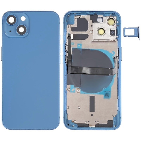 iPhone 13:n akkukotelon takakansi sivunäppäimillä, korttikelkalla, virta- + äänenvoimakkuusjoustokaapelilla ja langattomalla latausmoduulilla - WELLNGS Blue
