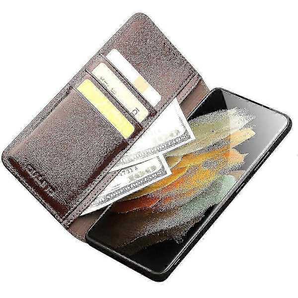 QIALINO Ekte Skinn Telefondeksel Kompatibelt med Samsung Galaxy S21 Ultra 5G Stativ Lommebok Folio Flip Case P20250110223-WELLNGS Brown