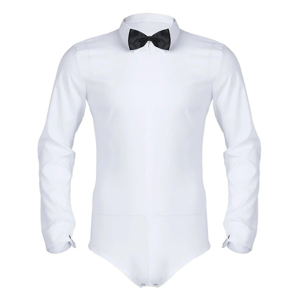 Herr Zipper Latin Dance Shirt med fluga One Piece Romper Shirts Ballroom Dance Wear för män Långärmad Bodysuit Shirts-WELLNGS White 2XL