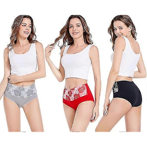 8 st Trosor Bomull Hög Midja Magekontroll Damtrosor Ros Jacquard Damunderkläder-WELLNGS black-3pcs XL