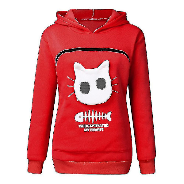 Sweatshirt med Kænguru-lomme til Katte-elskere - Hundedyr Pote Trøjer Kælelomme Sweatshirt Lomme Dyreører Hættetrøje - WELLNGS Red XXL