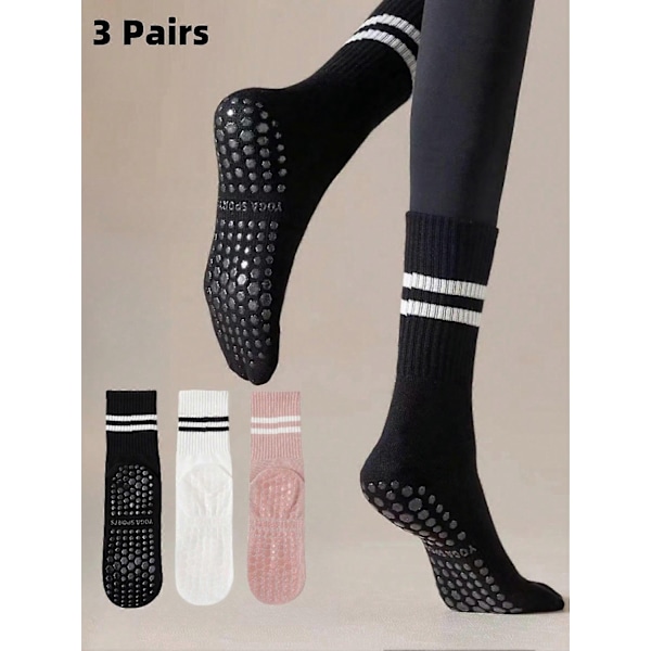 3 Par Pilates Sklisikre Sokker, Pilates Sklisikre Sokker for Kvinner, Pilates Sticky Sokker, Yoga Barrelsokker med Grip, Svart Hvit Rosa Sports-WELLNGS
