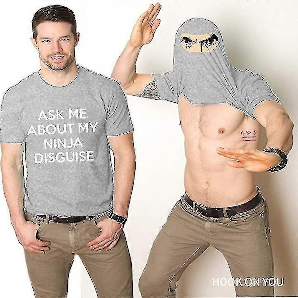 Herrarnas Ask Me About My Ninja Disguise Flip T-shirt Rolig Kostym Grafisk Humor Tee, 100% Ny - WELLNGS Light gray XL