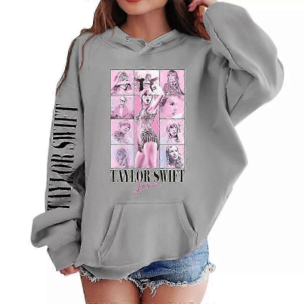 Taylor Swift Hooded Sweatshirt til Piger 6-13 År - Casual Langærmet Løstsiddende Trøje - WELLNGS Gray 12-13Years