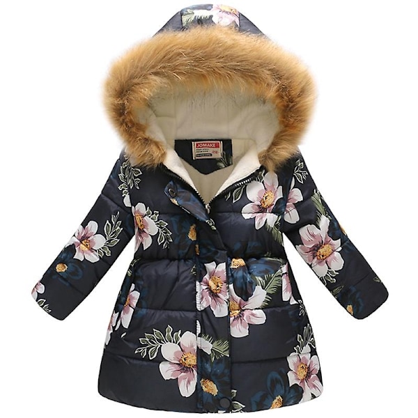 Pige Børn Faux Fur Krave Hætte Parka Frakke Vinter Varmt Lynlås Op Puffy Jakke Yderbeklædning - WELLNGS Navy Blue Orchid 5-6 Years