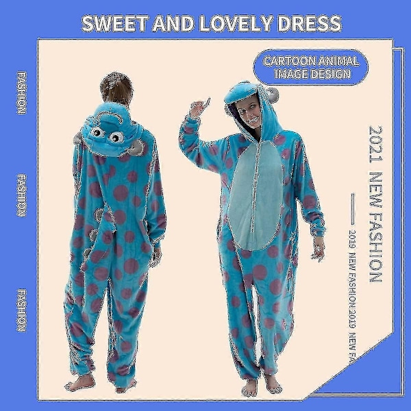 Fitted voksen én-delt pyjamas til mænd og kvinder, flanel rollespil dyre én-delt Halloween kostumer - WELLNGS Sulley L