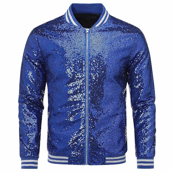 Allthemen Herre Sequin Casual Zipper Fest Bomber Jakke-WELLNGS Blue XS