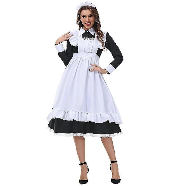 Halloween Kostume Engelsk Blonder Pigepige Kostume Sort og Hvid Midi Skørt Butler - WELLNGS 185cm