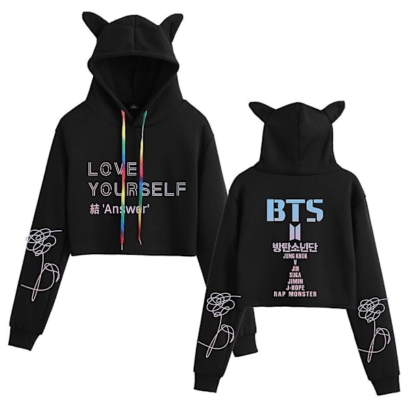 Bts koreansk gruppe perifer casual navel-baring katteører pige trykt sweatshirt-WELLNGS BlackE XXS