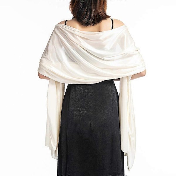Dames Silke Satin Langt Tørklæde Wrap Letvægts Solid Aftenkjole Bryllup Sjal-WELLNGS Off-white