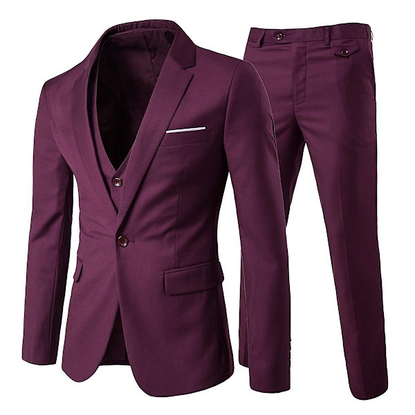 Allthemen Herresæt 3-delt Business Solid Slim Fit Jakkesæt&amp;Bukser&amp;Vest-WELLNGS Dark Red M