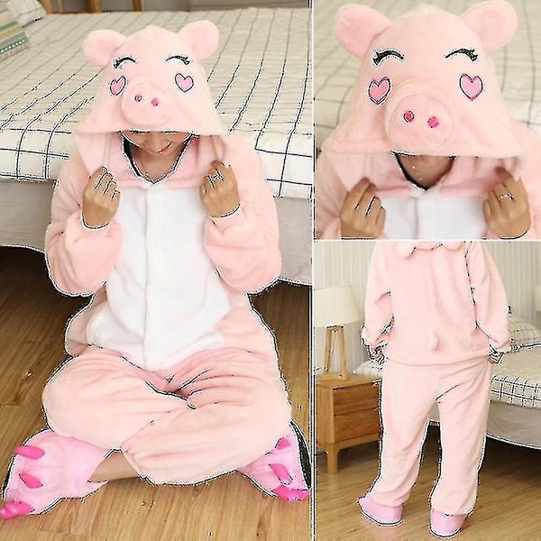 En-dels djurplyschpyjamas nattkläder för vuxna och barn - WELLNGS Pink Pig 130-140CM