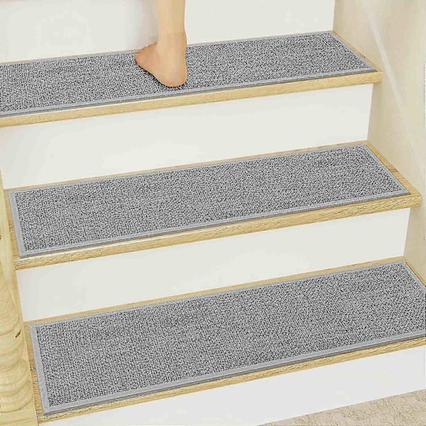 15-pack Stora Jute Trappsteg - Halksäker Gummisula, 30x8 Trappmatta, Medium Höjd, Enfärgad, Vävd, för Mattklädda Trappor - WELLNGS Gray 7pcs