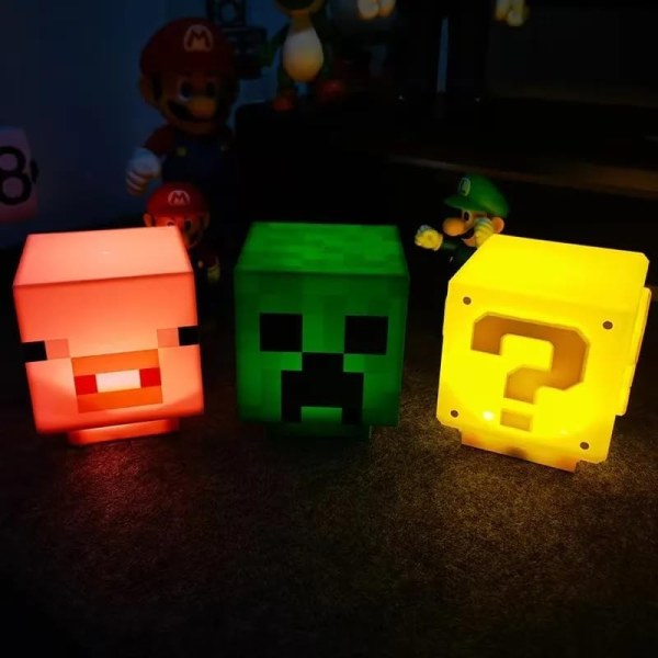 Minecraft Creeper-lampa, dekorationsnattlampa, LED-lampor med spelljud, uppladdningsbar, sänglampa för barn (rosa), storlek: 10×10×12cm-WELLNGS