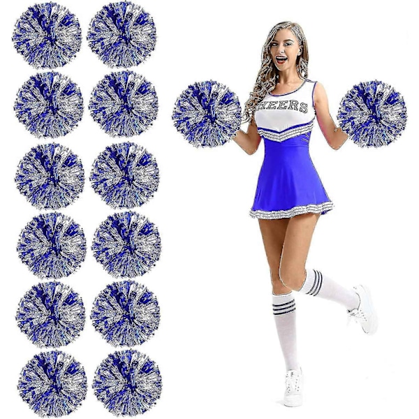12 st Cheerleading Pom Poms med Fingerhål Metallisk Folie Cheer Pom Poms-WELLNGS Medium Blue Silver