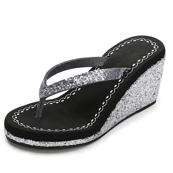 Kilklackor med kilklack för kvinnor, öppen tå, högklackade flipflops, halkfria, mjuka strass, glitter, ädelstenar - WELLNGS Black ash US 8.5