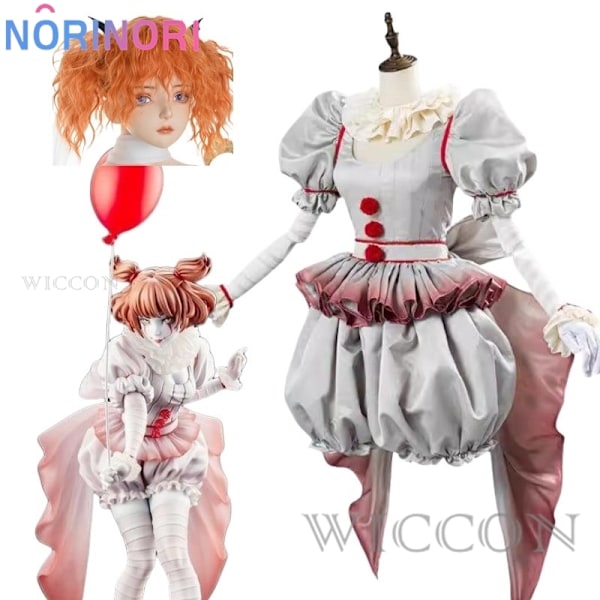 Elokuva-klovni Pennywise Cosplay-asu Sukupuolivaihto Halloween Horror Lolita Pukeutuminen Naisille Fantasiamekko Karnevaali Juhla Täysi Sarja M-WELLNGS M CostumeB and wig