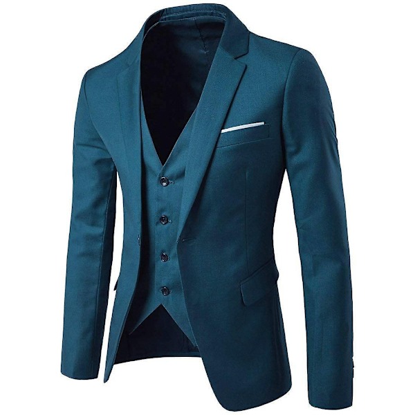 Allthemen Herrkostym 3-delat Business Solid Slim Fit Kostymjacka&byxor&väst-WELLNGS Sea Blue M