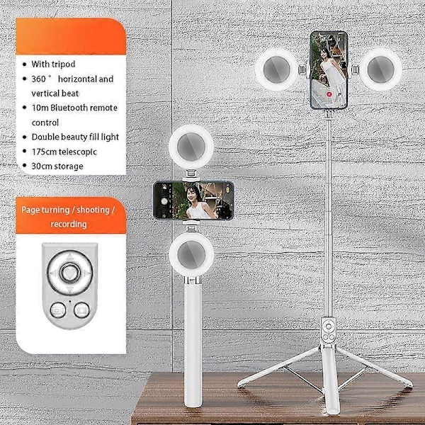 R17DS 1,75 m Kannettava Bluetooth Selfie-keppi Sisäänvedettävä Kolmijalka Puhelinteline Kaksoistäyttövaloilla 360 astetta Pyörivä Valokuvaus - WELLNGS White